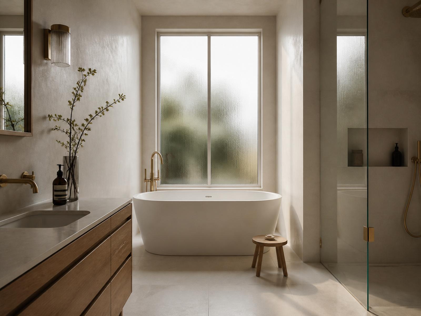 Bagno finito con doccia filo pavimento e miscelatori in ottone spazzolato