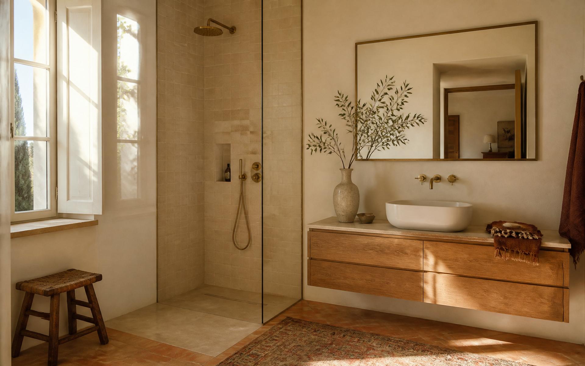 Bagno finito con doccia filo pavimento in gres beige, miscelatori ottone spazzolato, mobile in noce, luce da finestra veneta