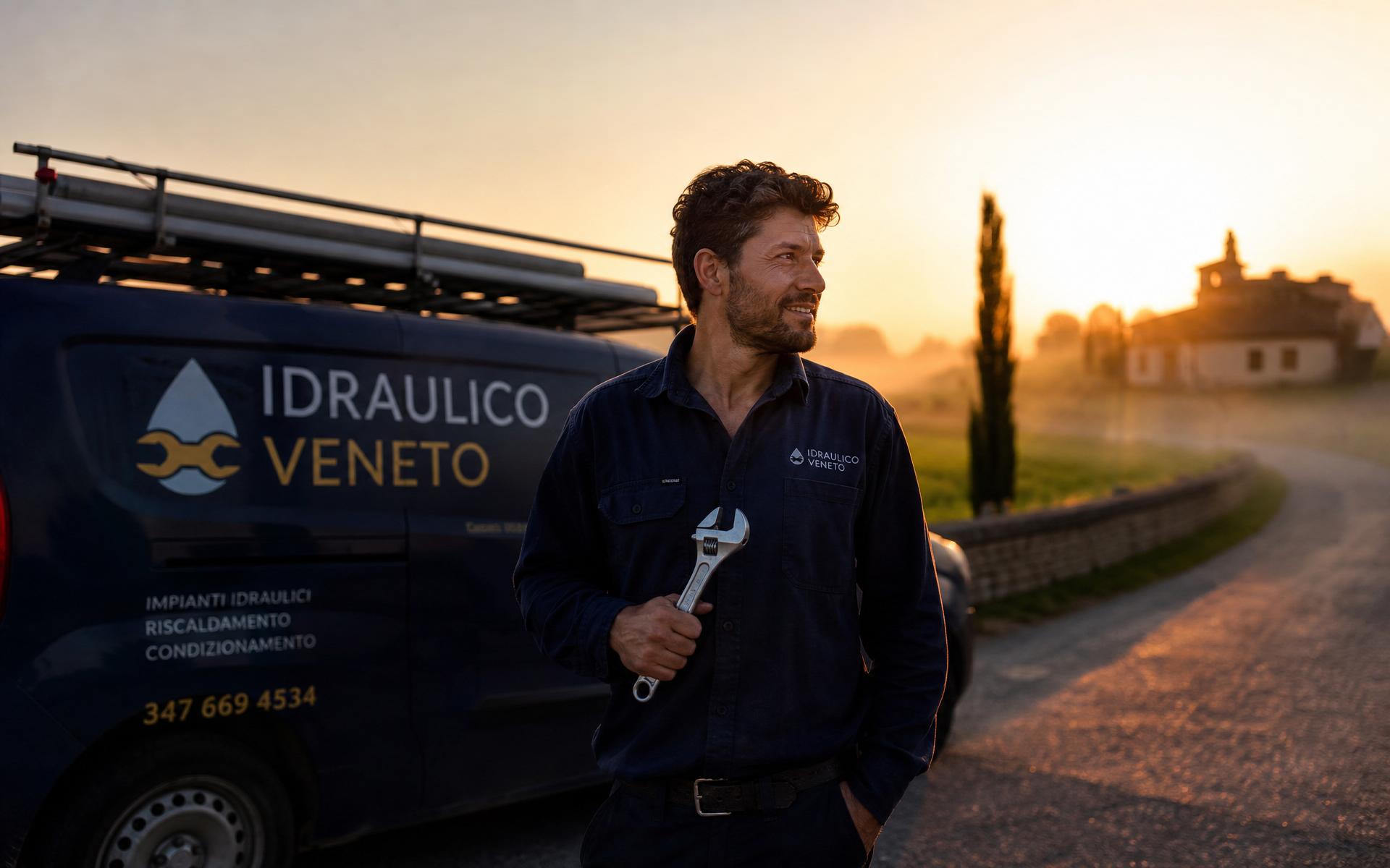 Stefano Pozzobon davanti al furgone di lavoro all'alba nella campagna veneta