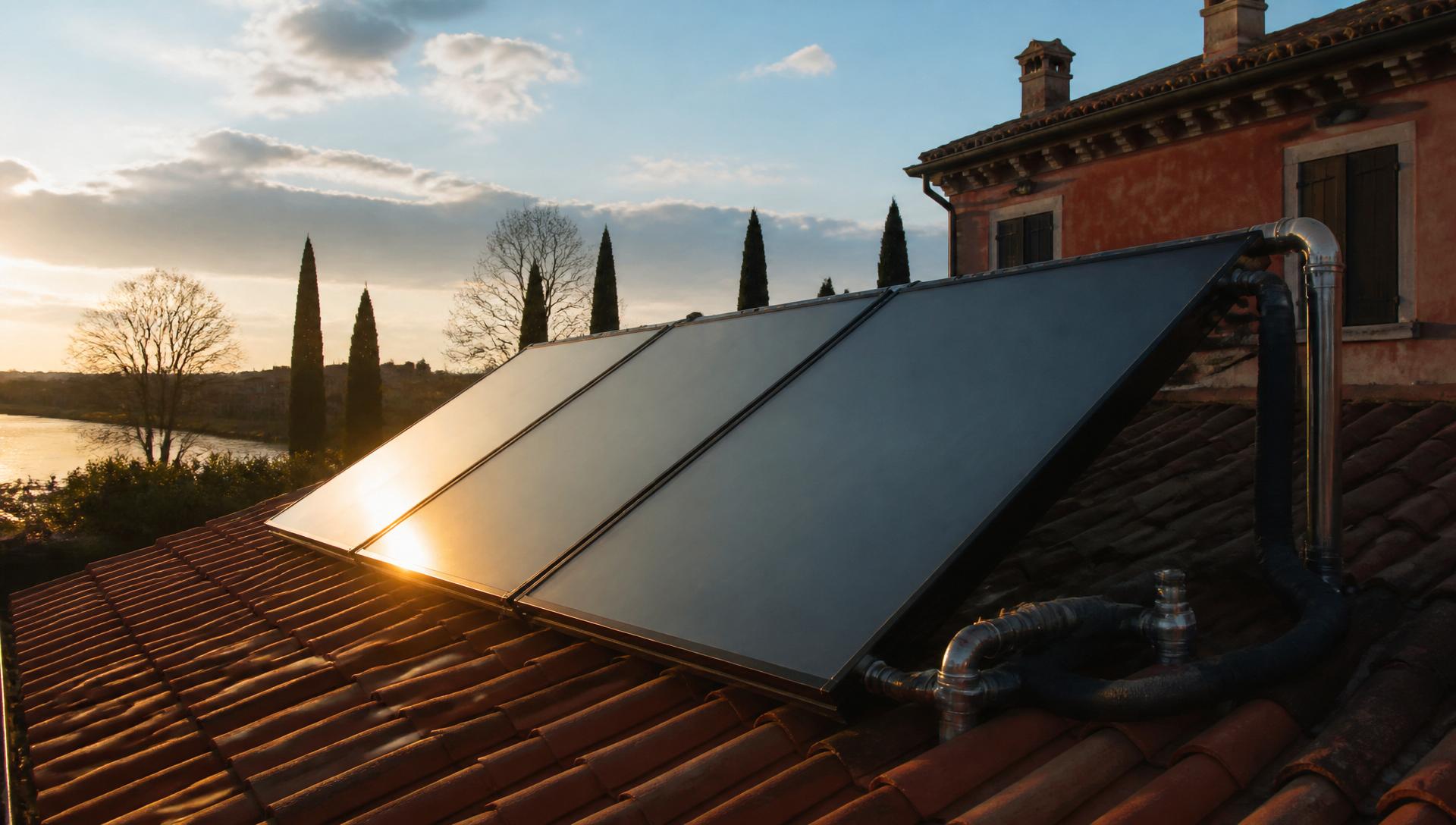 Pannelli solari termici a tubi sottovuoto su tetto in coppi orientato a sud, luce dorata del primo mattino nella campagna veneta