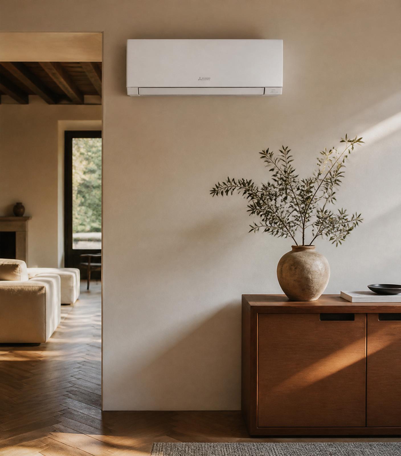 Split condizionatore installato su parete cream in casa italiana